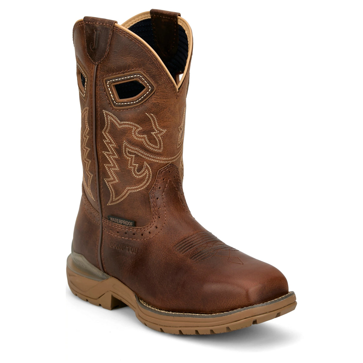 Justin Men's Oil Patch Waterproof Nano Comp Toe Work Boot, Brown – 3-4 front