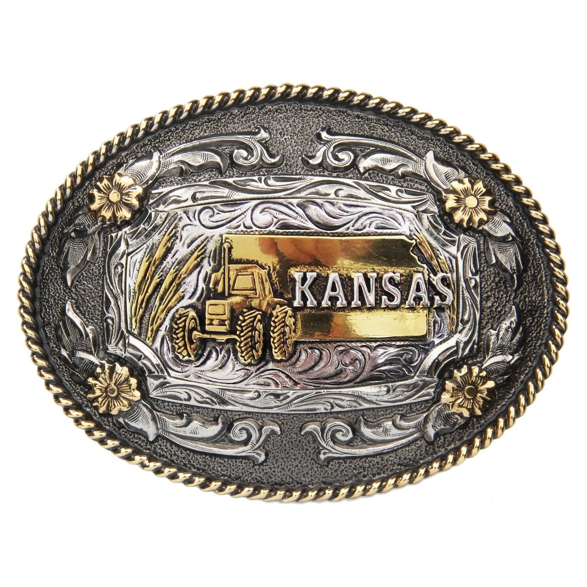 AndWest Kansas Oval Rope Edge Belt Buckle featuring a detailed rope design on a polished metal surface.