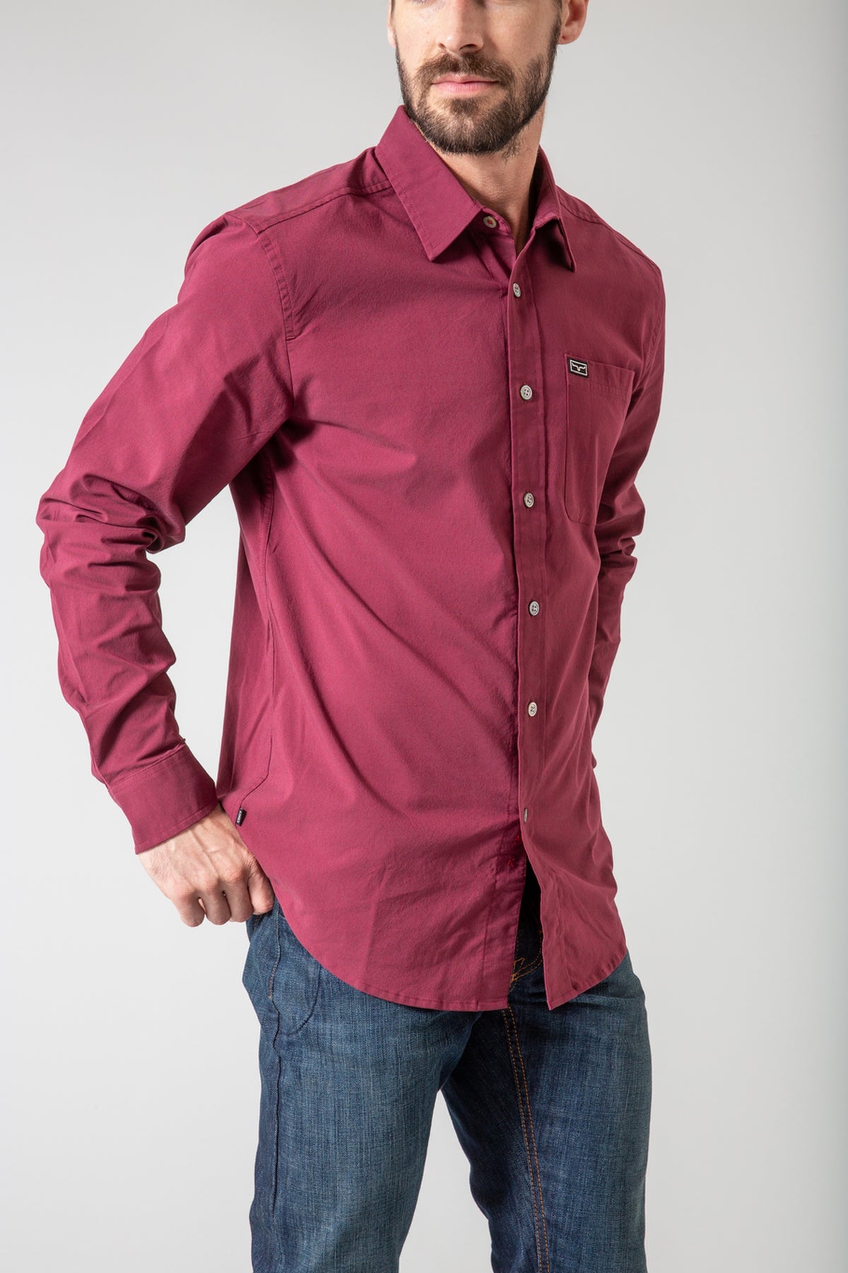 Kimes Ranch Men's Linville Long Sleeve Dress Shirt, Port – 3-4 front