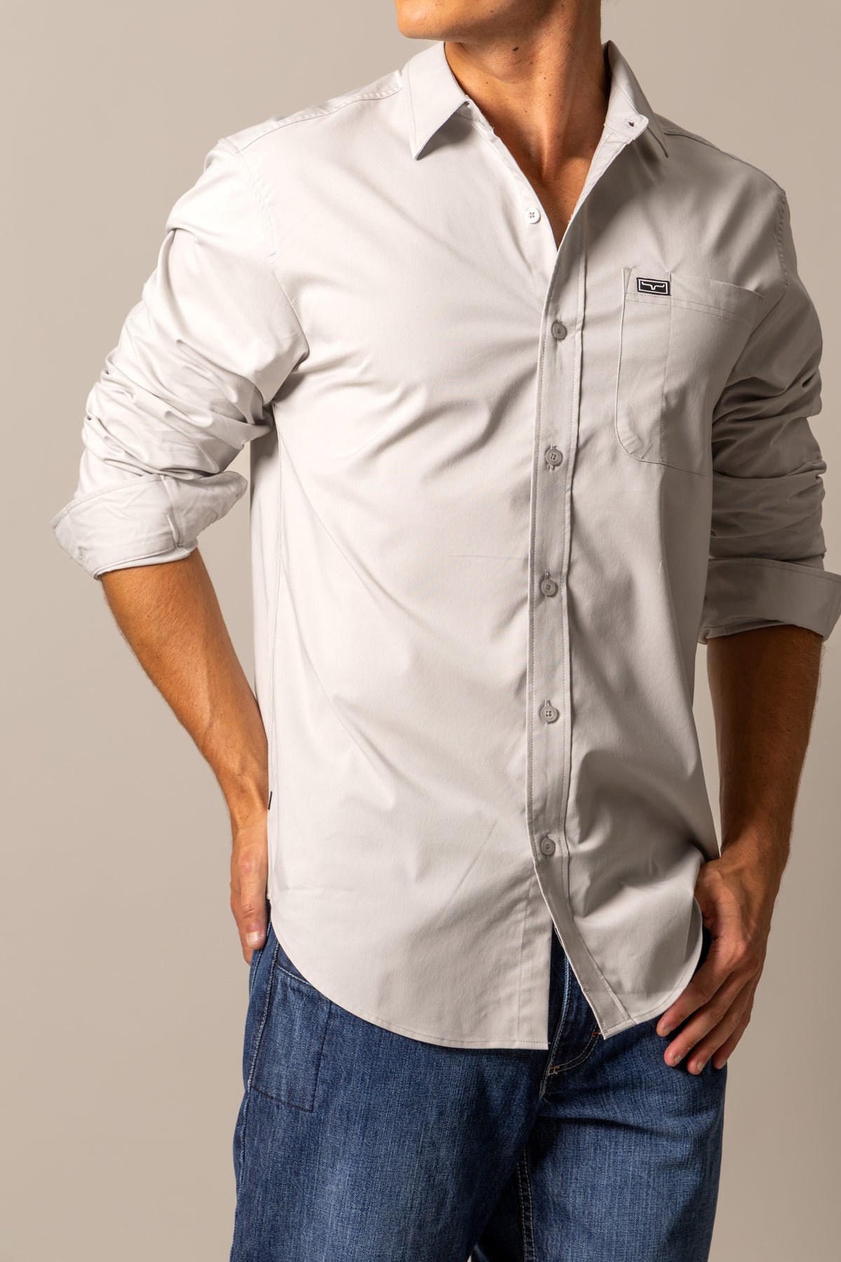 Kimes Ranch Men's Linville Long Sleeve Dress Shirt, Silver White – front