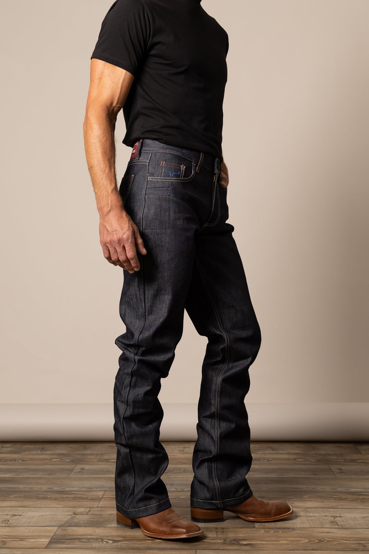 Kimes Ranch Men's Raw Dillon Jeans in dark wash showing classic denim style with a straight fit and detailed stitching.