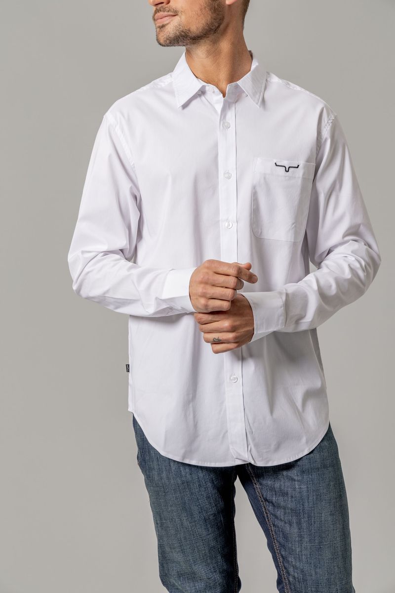 Kimes Ranch Men's Team Dress Shirt, White, Long Sleeve – front 2, on model