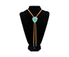 Large turquoise stone bolo tie with silver-tone frame and braided cord.