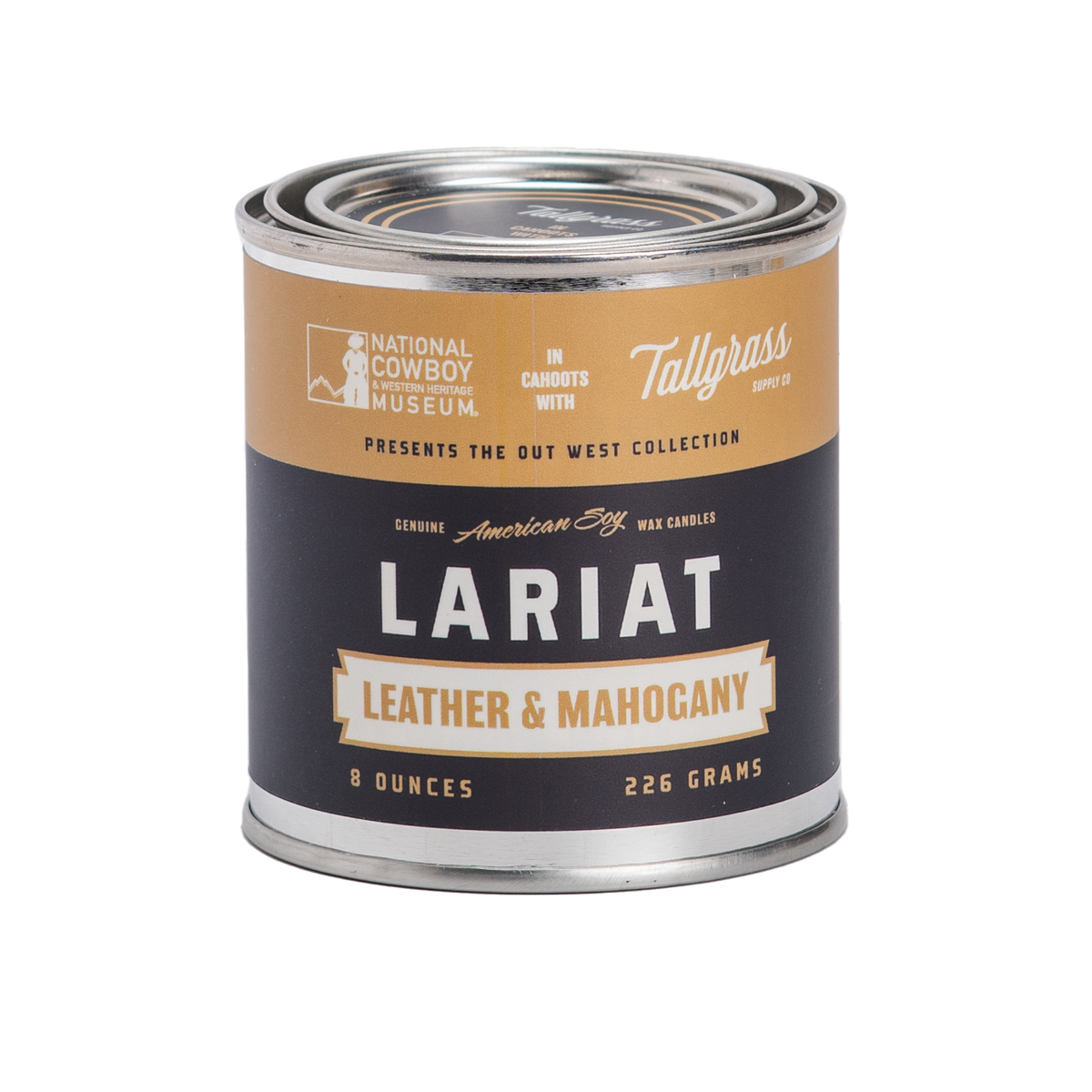 Tallgrass Supply leather and mahogany soy wax candle with a stylish lariat design, showcasing warm earthy tones and natural materials.