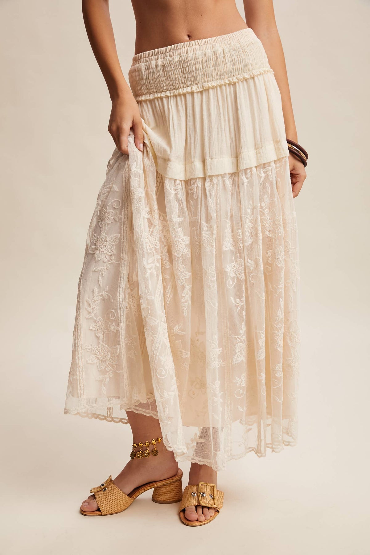 Listicle Women's Embroidered Sheer Maxi Skirt, Ecru – 3-4 front