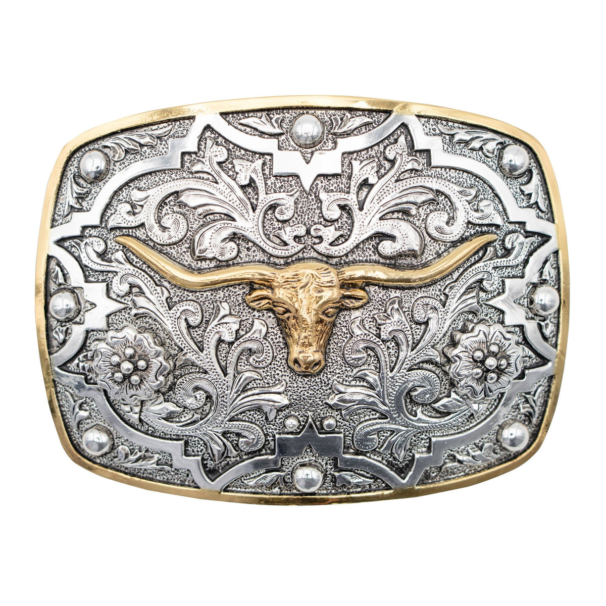 AndWest Longhorn belt buckle with beads and gold border, featuring a detailed longhorn design and intricate decorative elements.