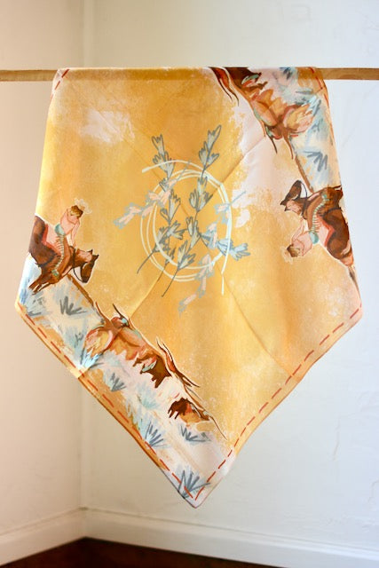 Tirzah Lane Art Longhorn Open Range Cowgirl Wild Rag, Western silk Tencel scarf bandana with longhorn design.
