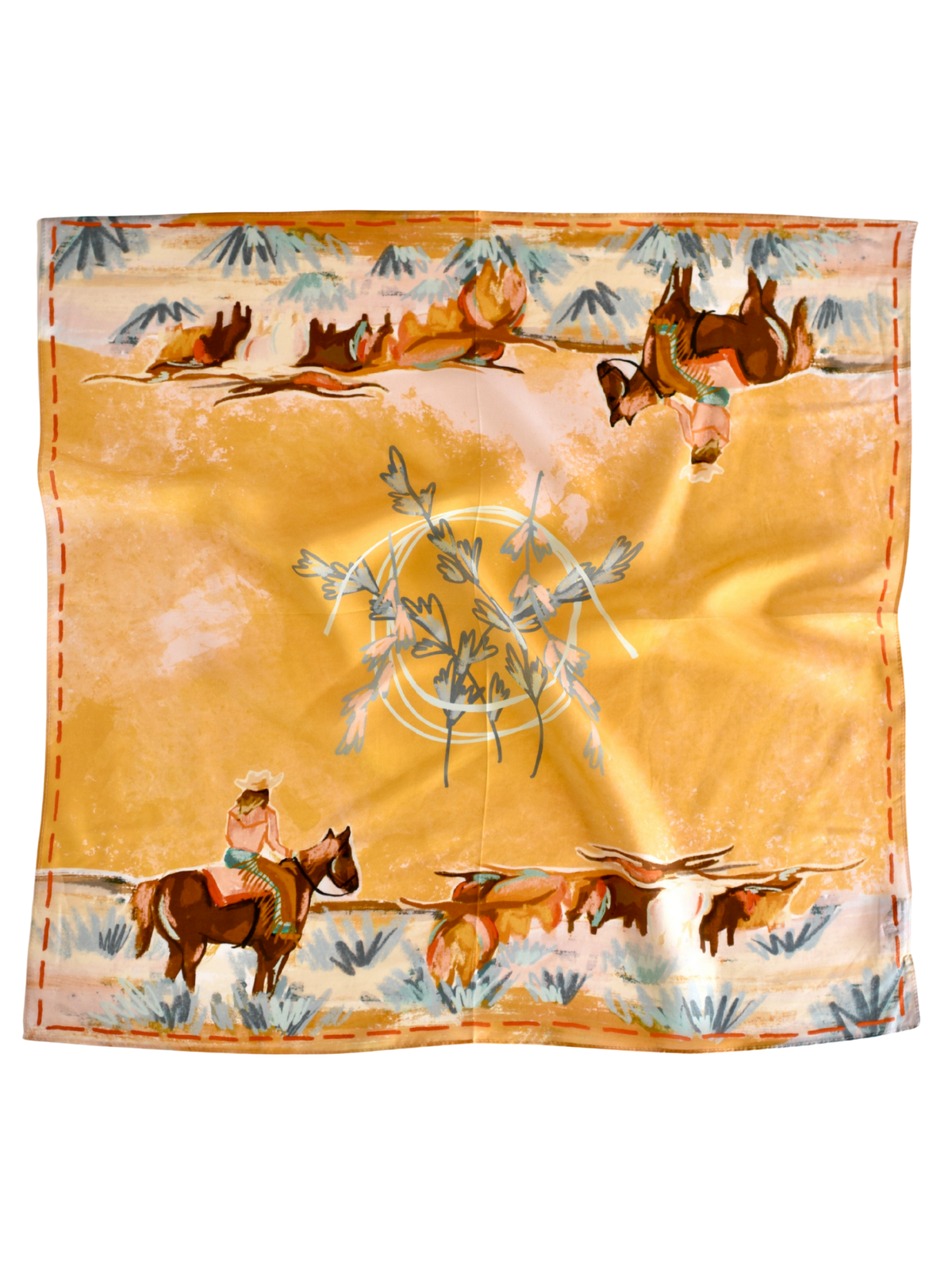 Tirzah Lane Art large 35x35 cowgirl wild rag bandana with Longhorn open range design in 100% mulberry silk.