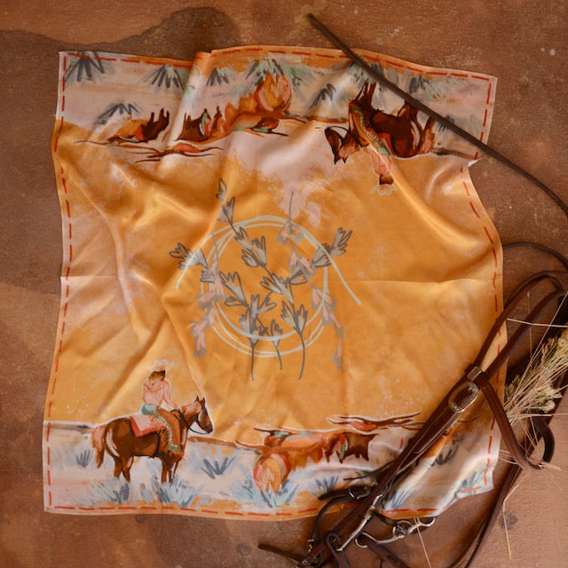Tirzah Lane Art large 35x35 cowgirl wild rag bandana in 100% Mulberry silk with Longhorn Open Range design.