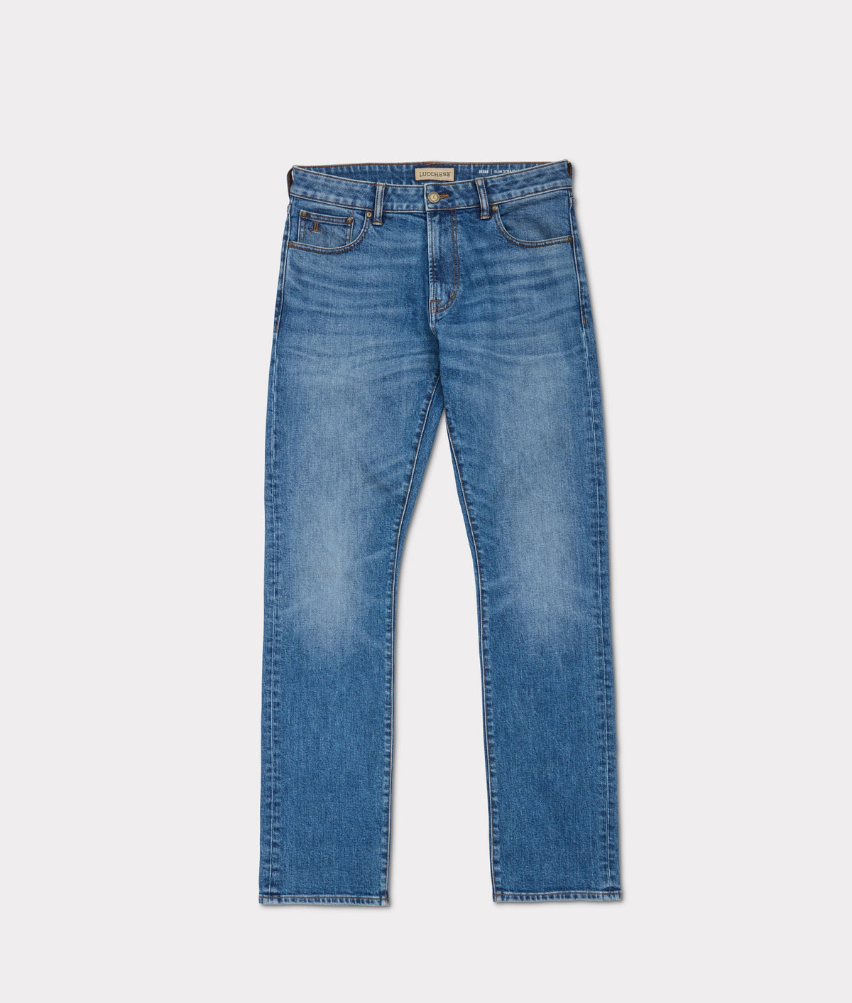 Lucchese Jesse men's slim straight jeans in true blue denim with classic five-pocket design and contrast stitching.