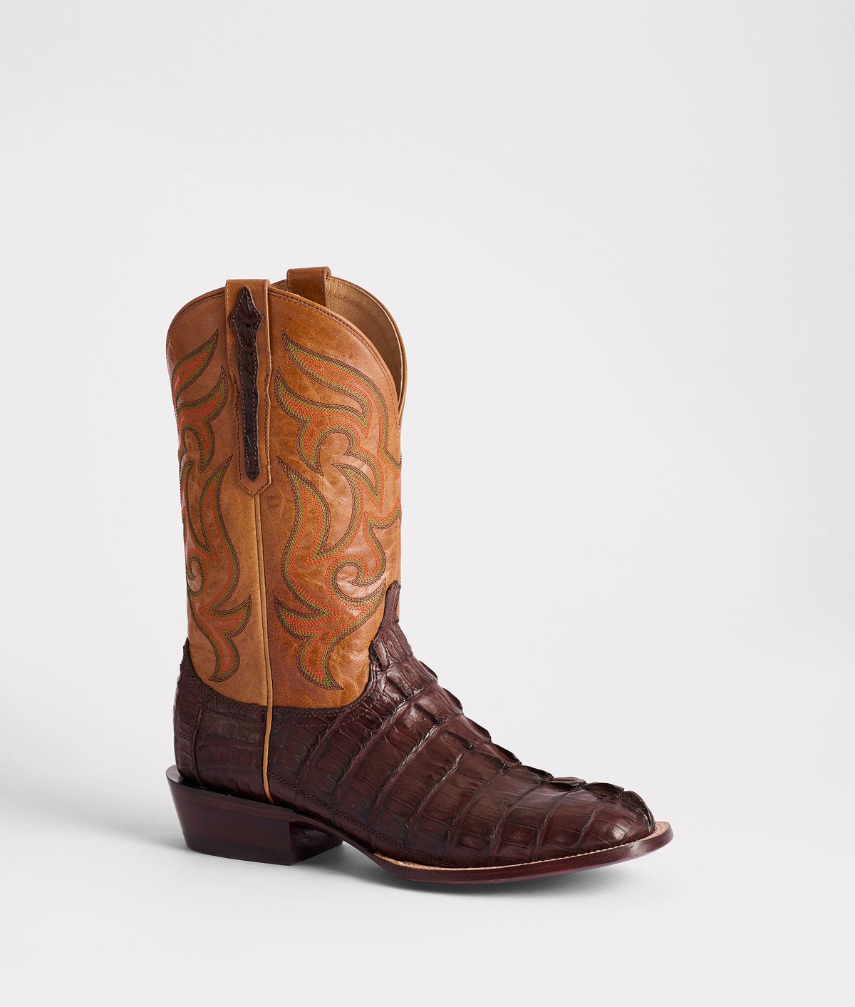 Lucchese Men's Hendrik Caiman Boot, Chocolate Burnished + Tan – 3/4 front