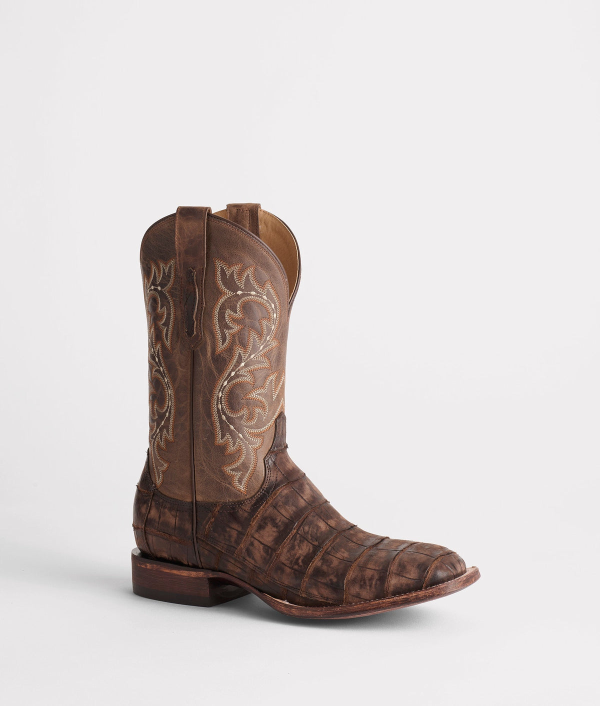 Lucchese Men's Malcolm Alligator Boot, Chocolate + Café Brown – 3/4 front