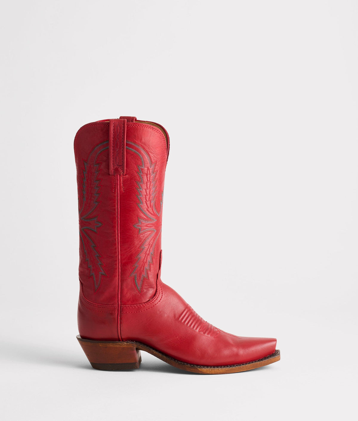 Red Lucchese Savannah cowboy boot with intricate stitching and leather craftsmanship, stylish western footwear.