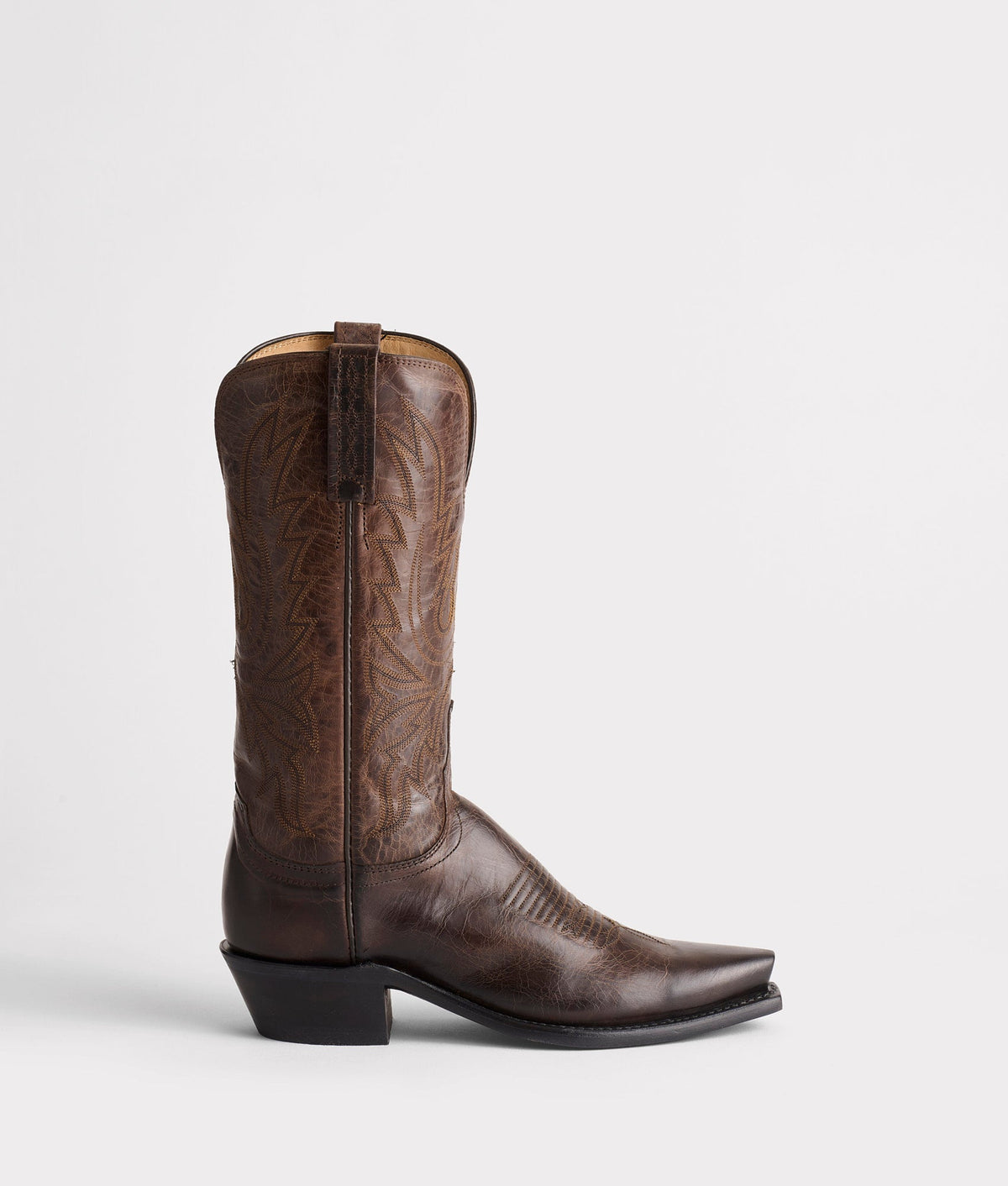Lucchese Women's Savannah chocolate leather cowboy boots with pointed toes and decorative stitching.