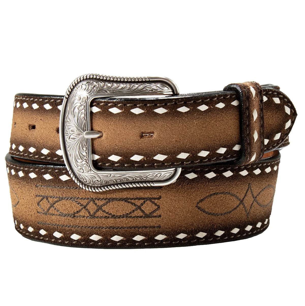 M&F 3D men's brown leather belt with boot stitch detail, 1 3/4" to 1/2" width, stylish and durable accessory.