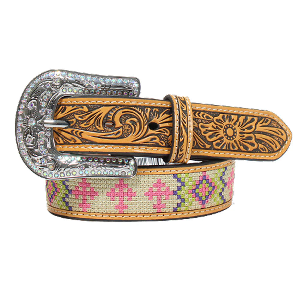 M&F Angel Ranch girls' 1/4" tooled floral embossed leather belt with intricate floral design and embossed detailing.