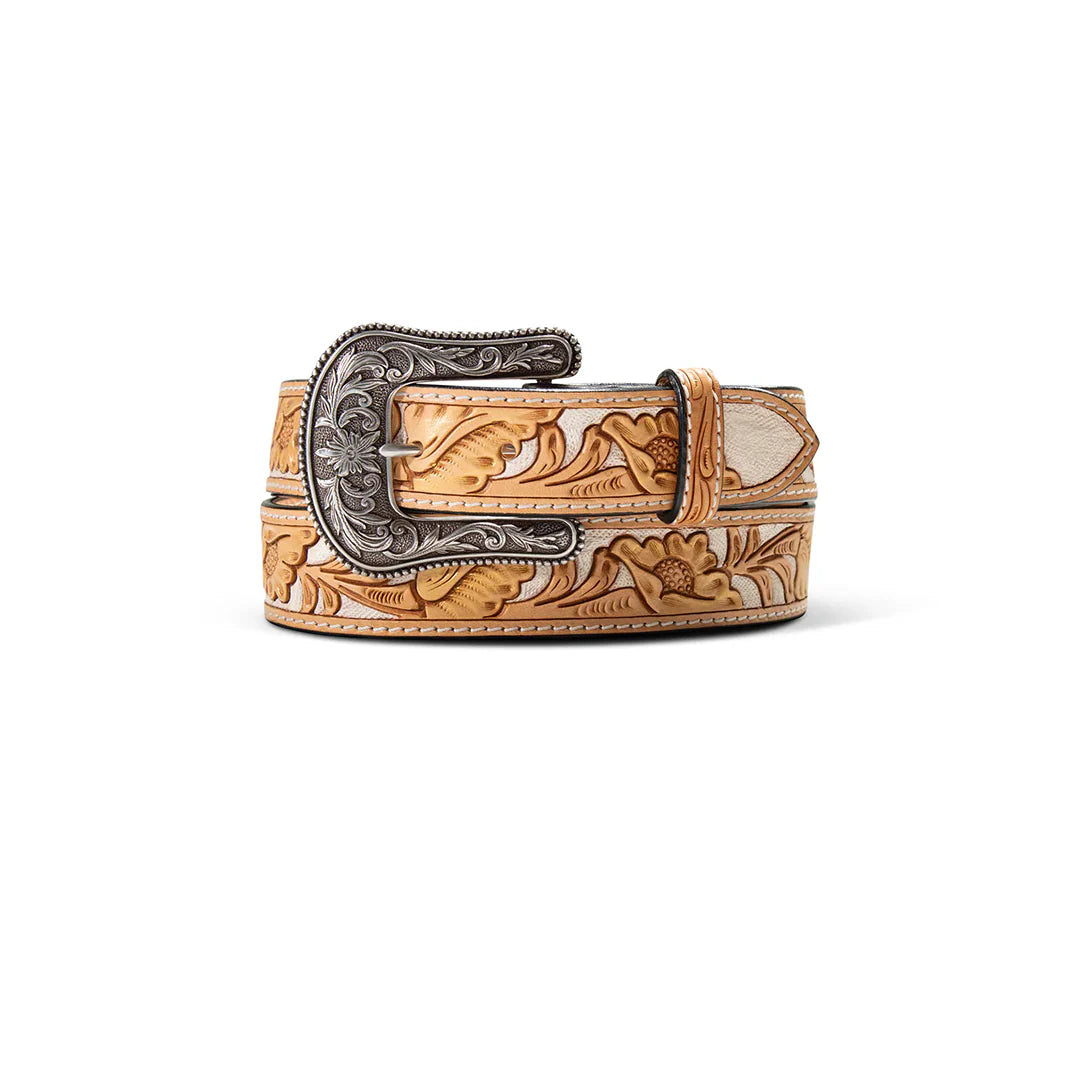 Ariat women's natural metallic flowers belt with 1/2-inch width, featuring floral design and silver finish, by M&F.