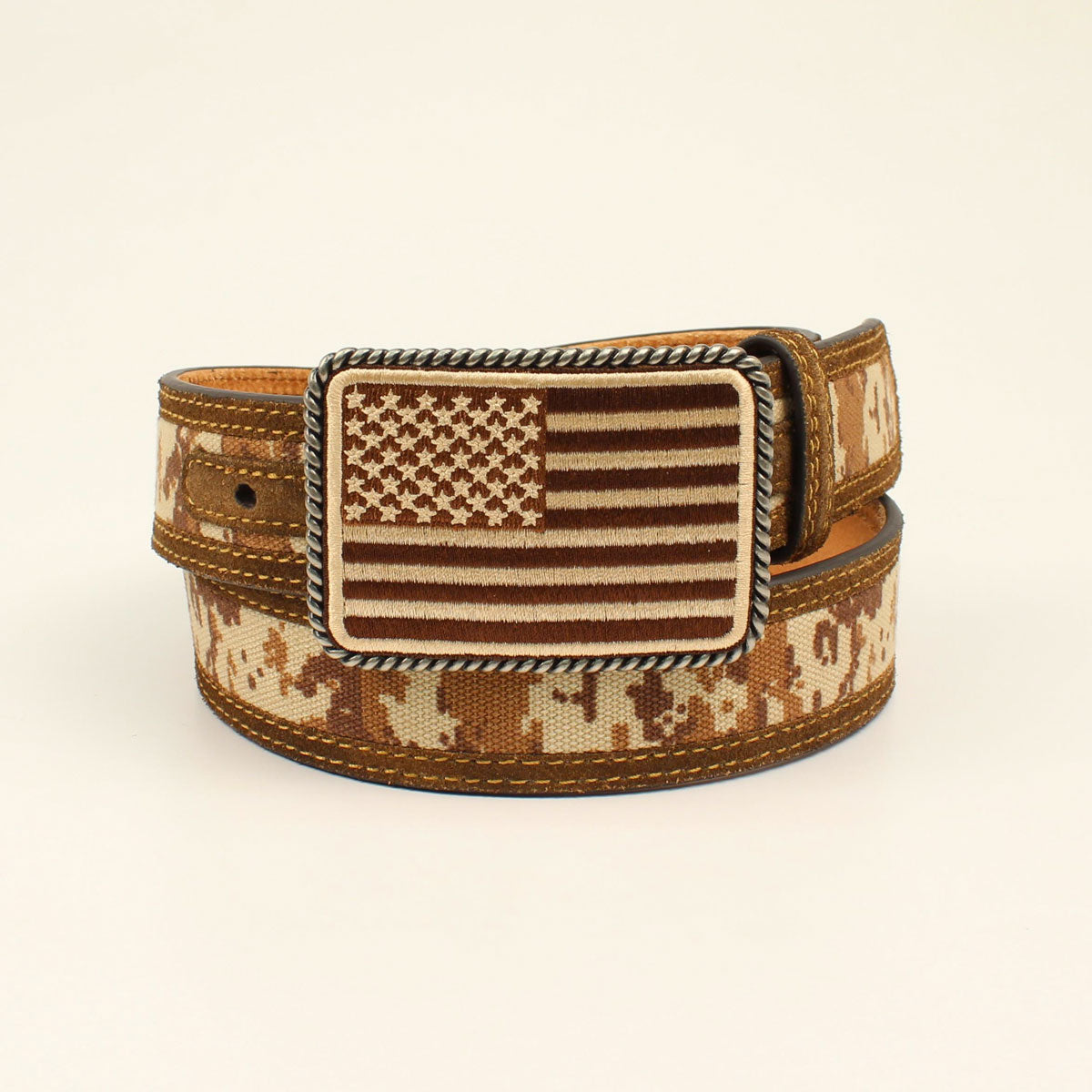 Ariat men's medium brown digital camo belt with adjustable strap and metal buckle, made by M&F for casual and outdoor wear.