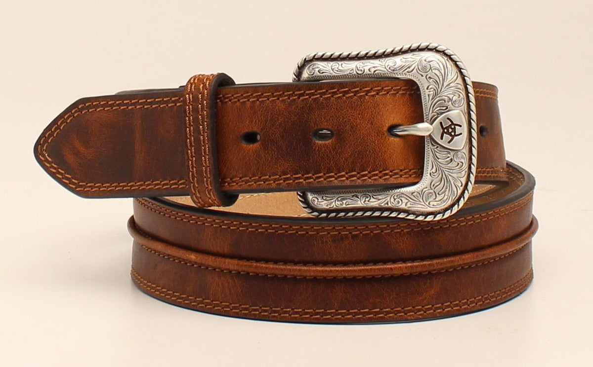 Ariat men's distressed leather western belt with metal buckle, casual belt style, made by M&F.