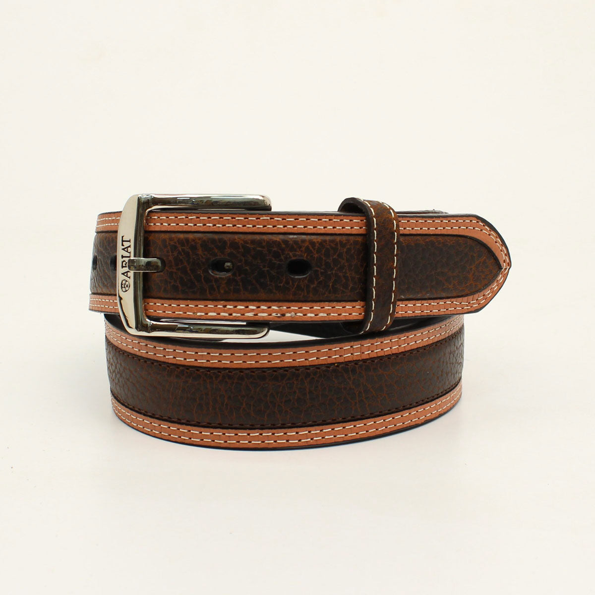 M&F Ariat men's oiled brown strap western belt with classic buckle and detailed leather craftsmanship.