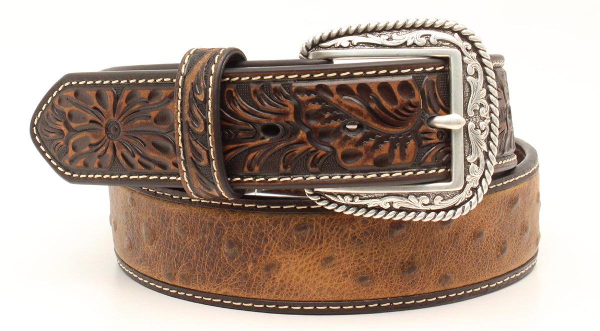 Ariat men's ostrich printed western belt in medium brown with a center design, crafted by M&F for western style.