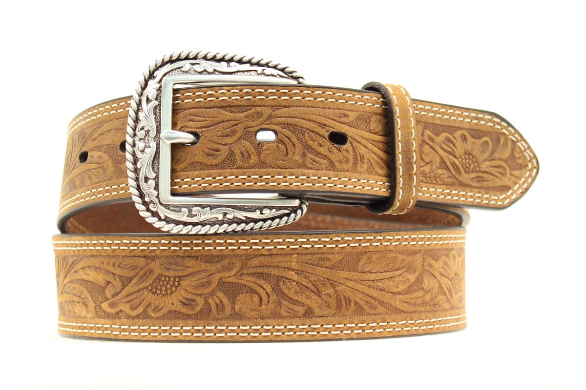 Ariat men's tooled brown western belt with embossed leather design and silver buckle, casual western style belt by M&F.