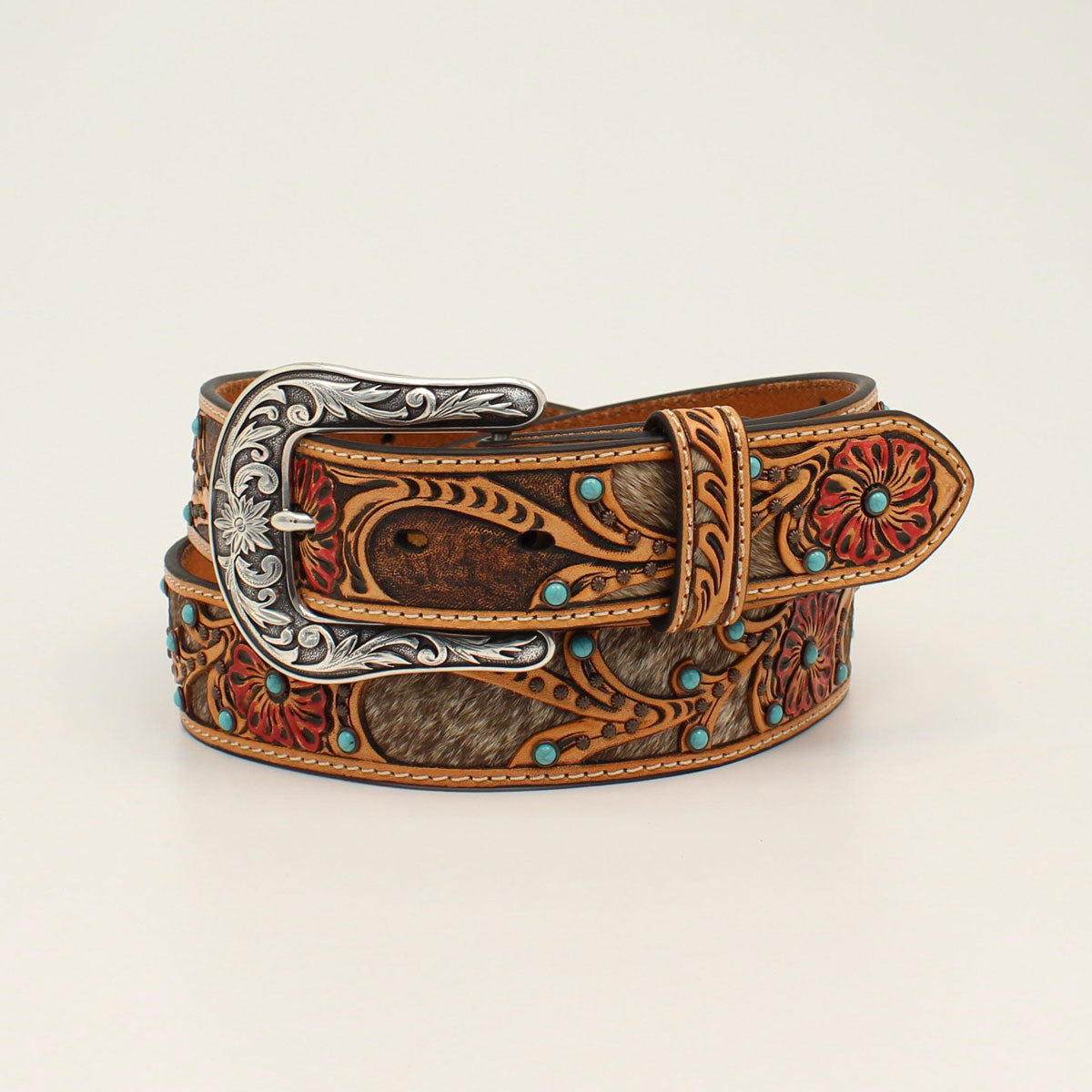 Ariat women's 1-1/2 calf hair belt with tooled red flower design, stylish leather belt with decorative buckle.