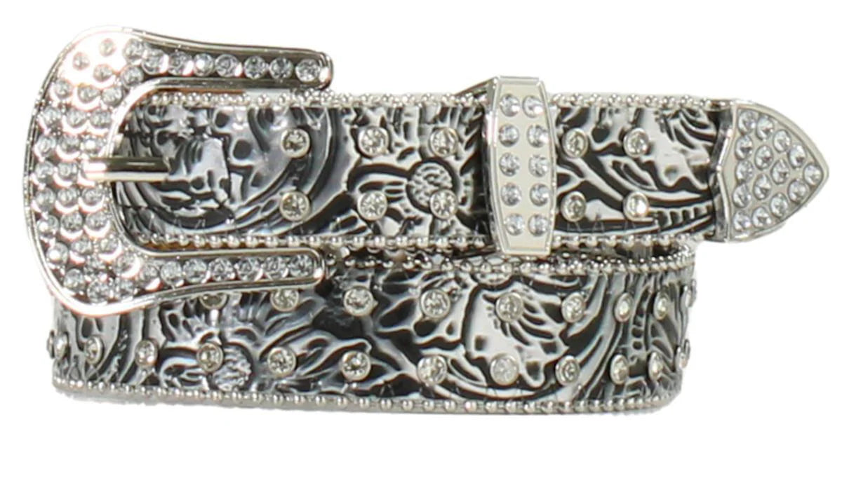 Nocona women's 1/2-inch black and silver belt with floral crystal accents, stylish western belt by M&F.