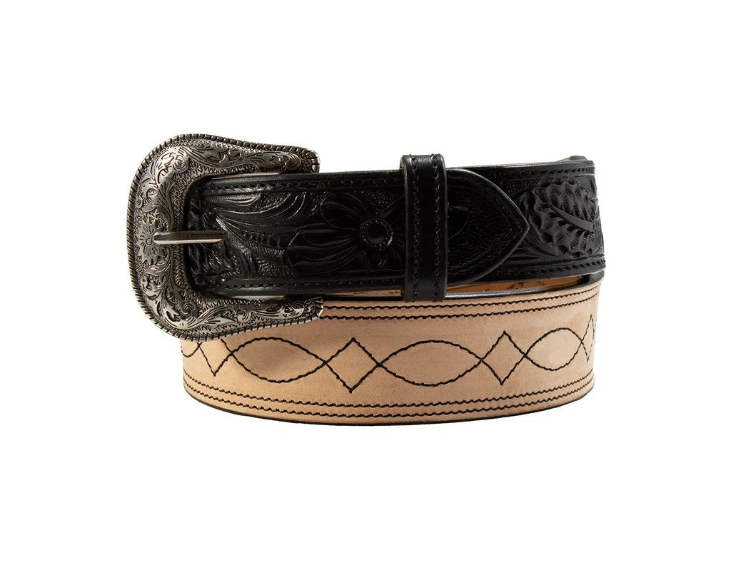 M&F Nocona men's black leather belt with 1 7/8-inch roughout boot stitch design, style no N210009101.
