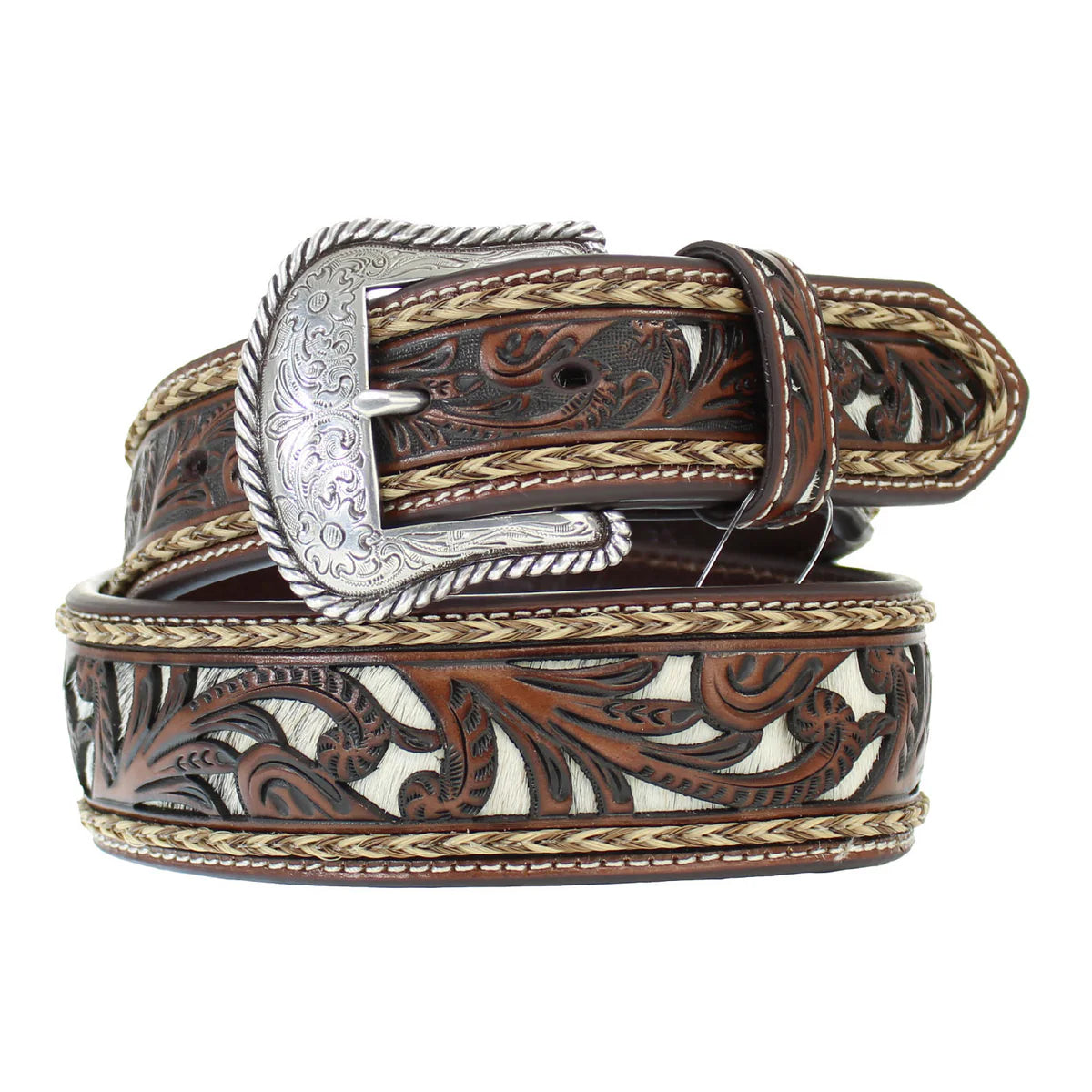 Men's brown M&F Nocona belt with 1 7/8-inch calf hair underlay and braided edges, stylish and durable leather accessory.
