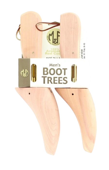 Men's cedar boot trees from M&F, sturdy wooden shoe inserts for maintaining boot shape and freshness.