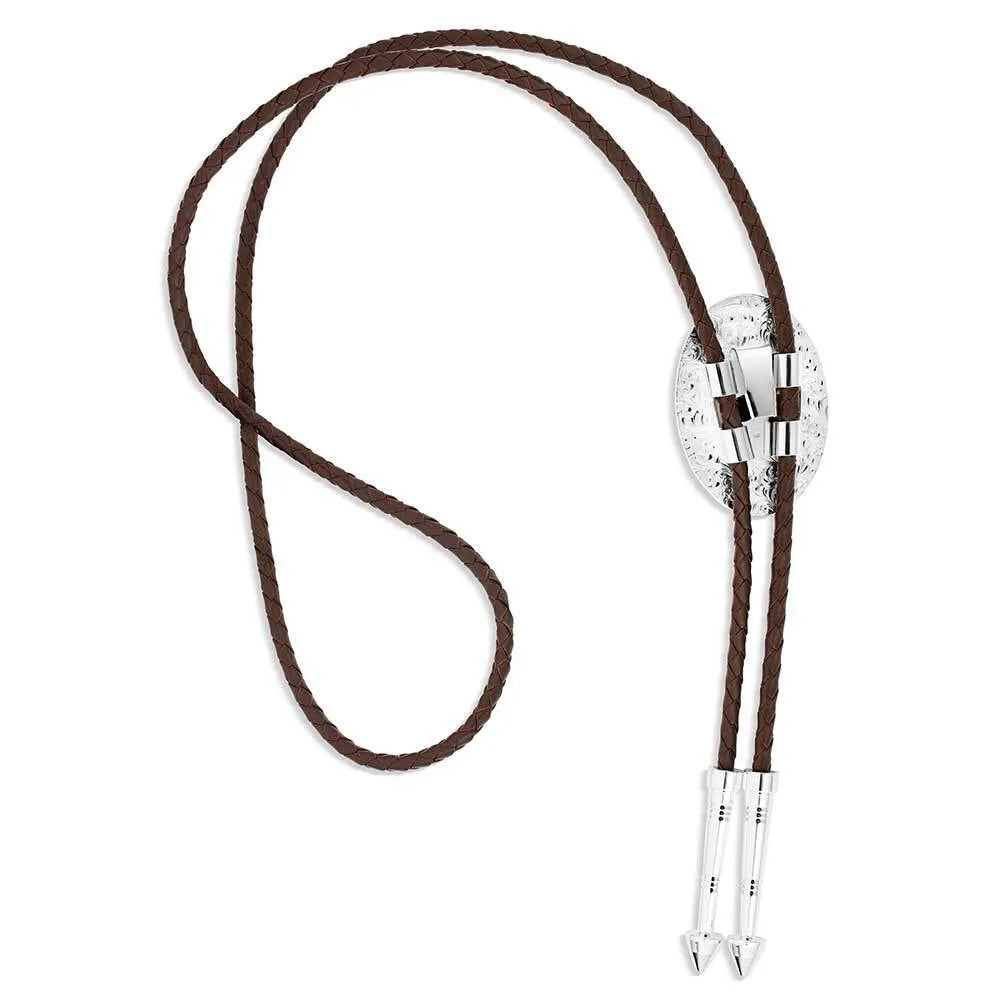 Montana Silversmiths The Outlaw Turquoise Bolo Tie featuring turquoise stones and detailed silver accents.