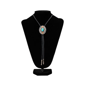 Multi-finish silver bolo tie with turquoise stone centerpiece and braided cord.