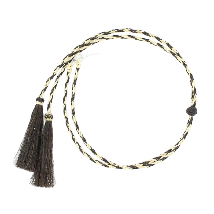 Natural horse hair braided stampede string by M&F, showcasing handwoven horse hair with intricate braiding for rodeo and cowboy gear.