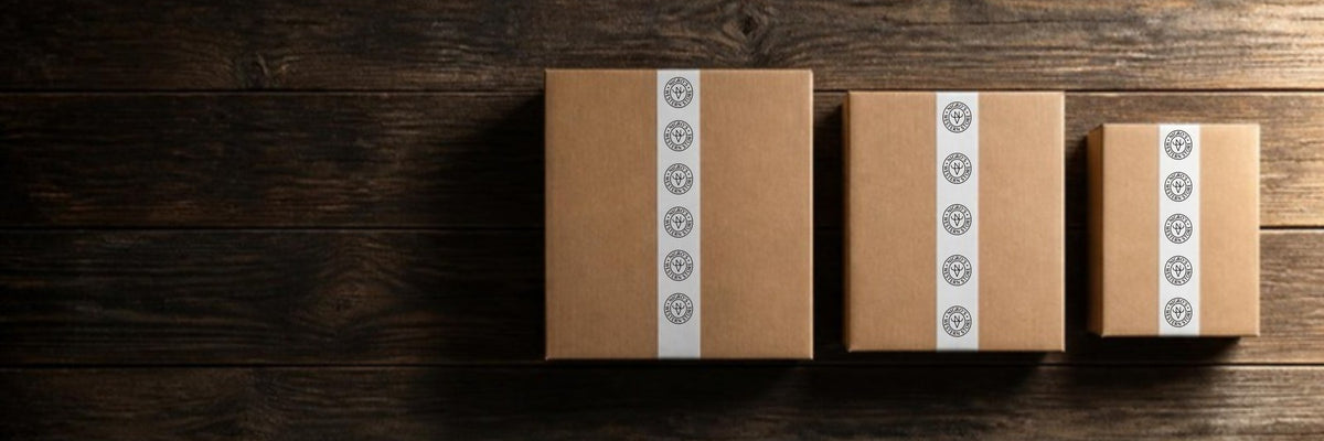 Three Nigro's Western Store mystery boxes sealed with Nigro's seal tape on barn wood