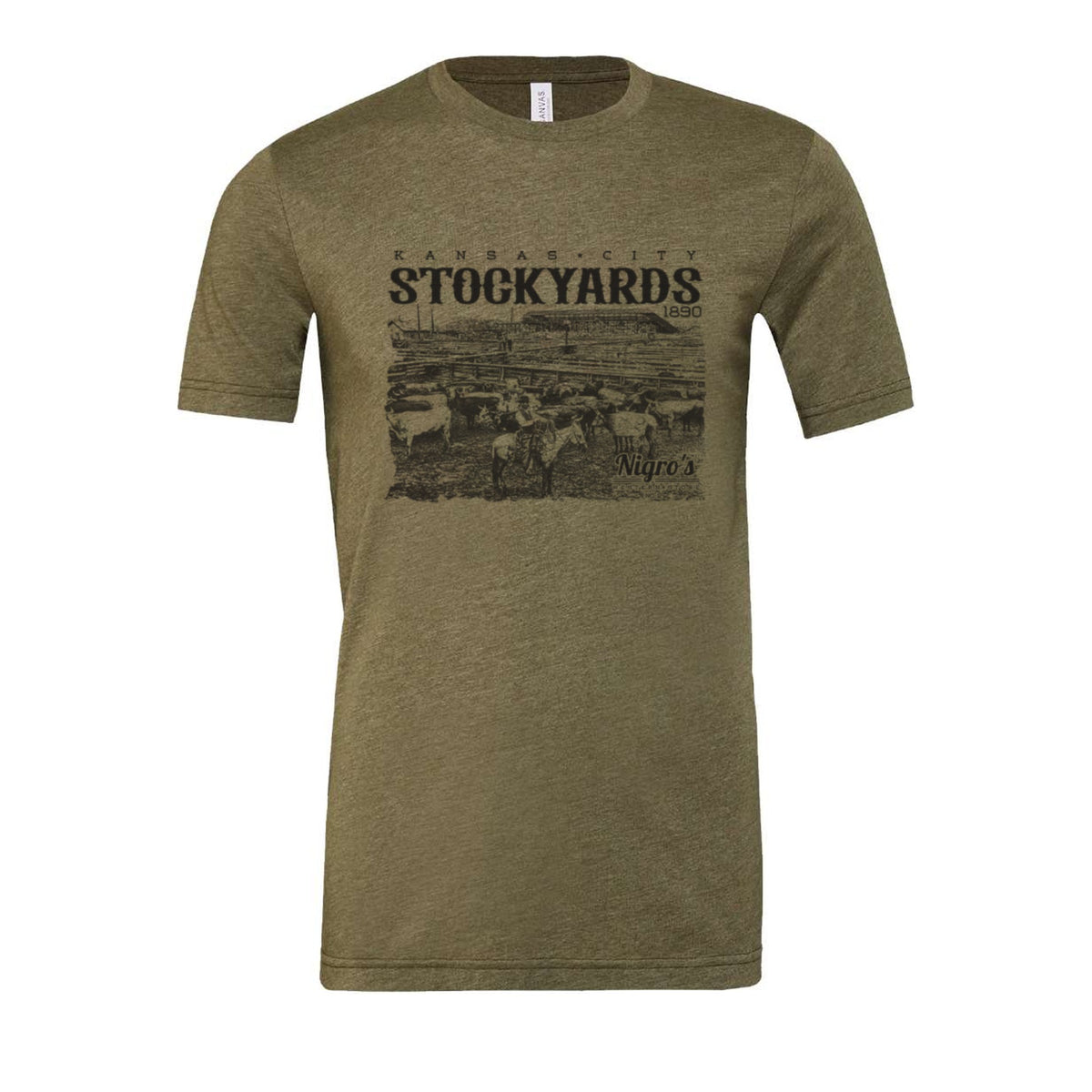 Nigro's Western Store Kansas City Stockyards T-Shirt, Heather Olive – front