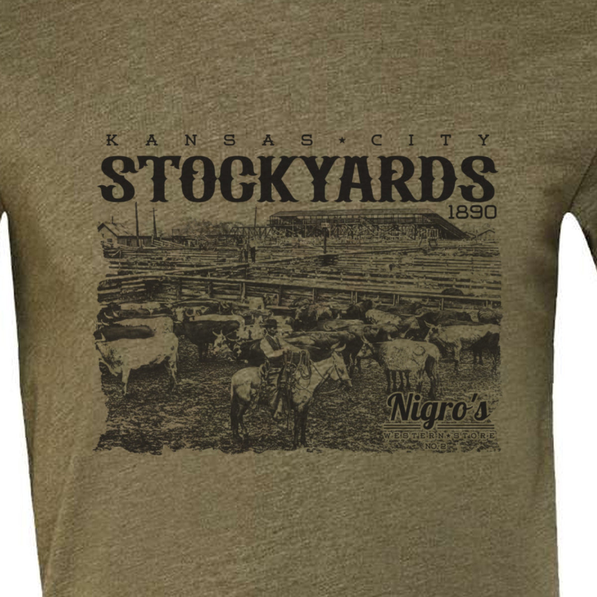 Nigro's Western Store Kansas City Stockyards T-Shirt, Heather Olive – logo close-up