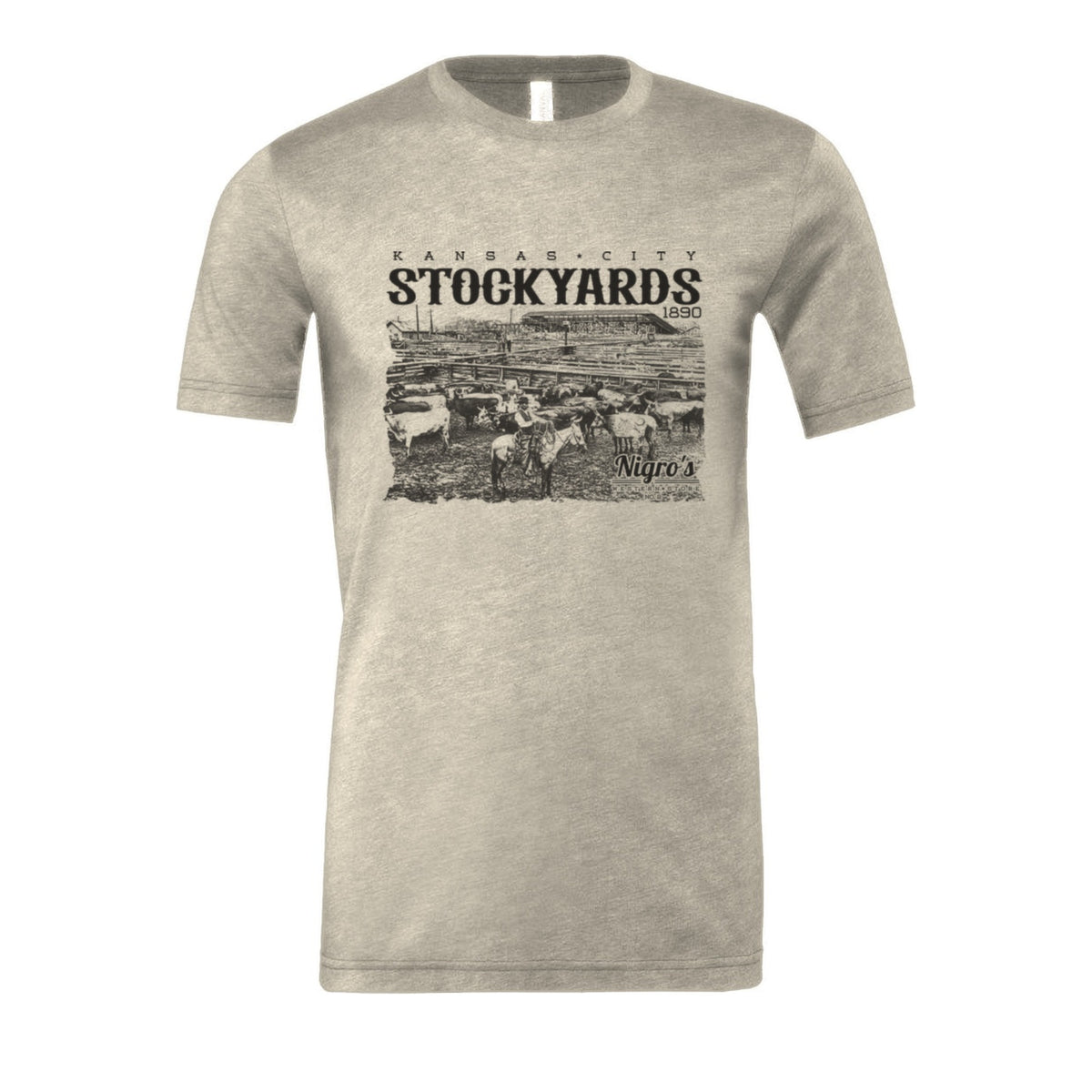 Nigro's Western Store Kansas City Stockyards T-Shirt, Heather Stone – front