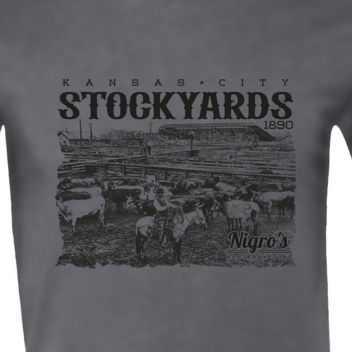 Nigro's Western Store Kansas City Stockyards T-Shirt, Solid Asphalt Blend – logo close-up