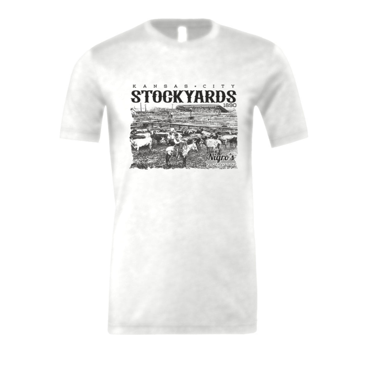 Nigro's Western Store Kansas City Stockyards T-Shirt, Solid White Blend – front