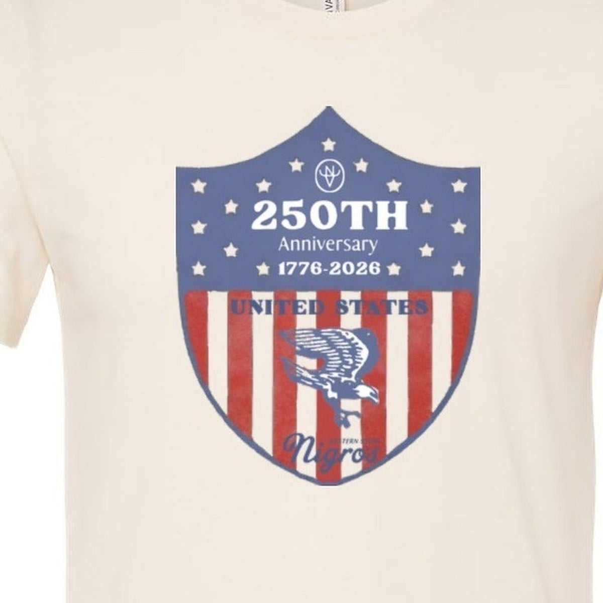 Nigro's Western Store USA 250th Anniversary T-Shirt, Heather Natural – logo close-up