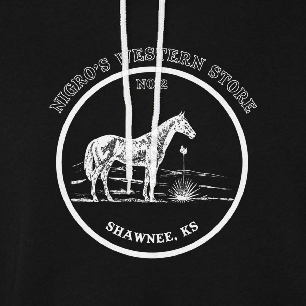 Nigro's Western Store Vintage Horse Logo Hoodie, Black – logo close-up