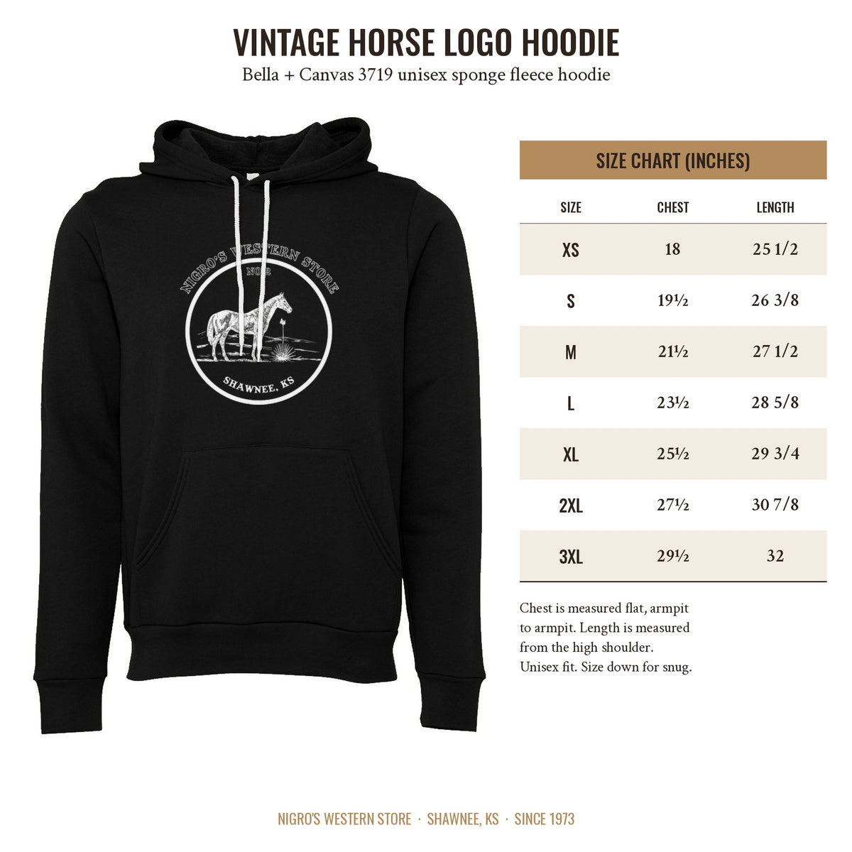 Nigro's Western Store Vintage Horse Logo Hoodie – size chart