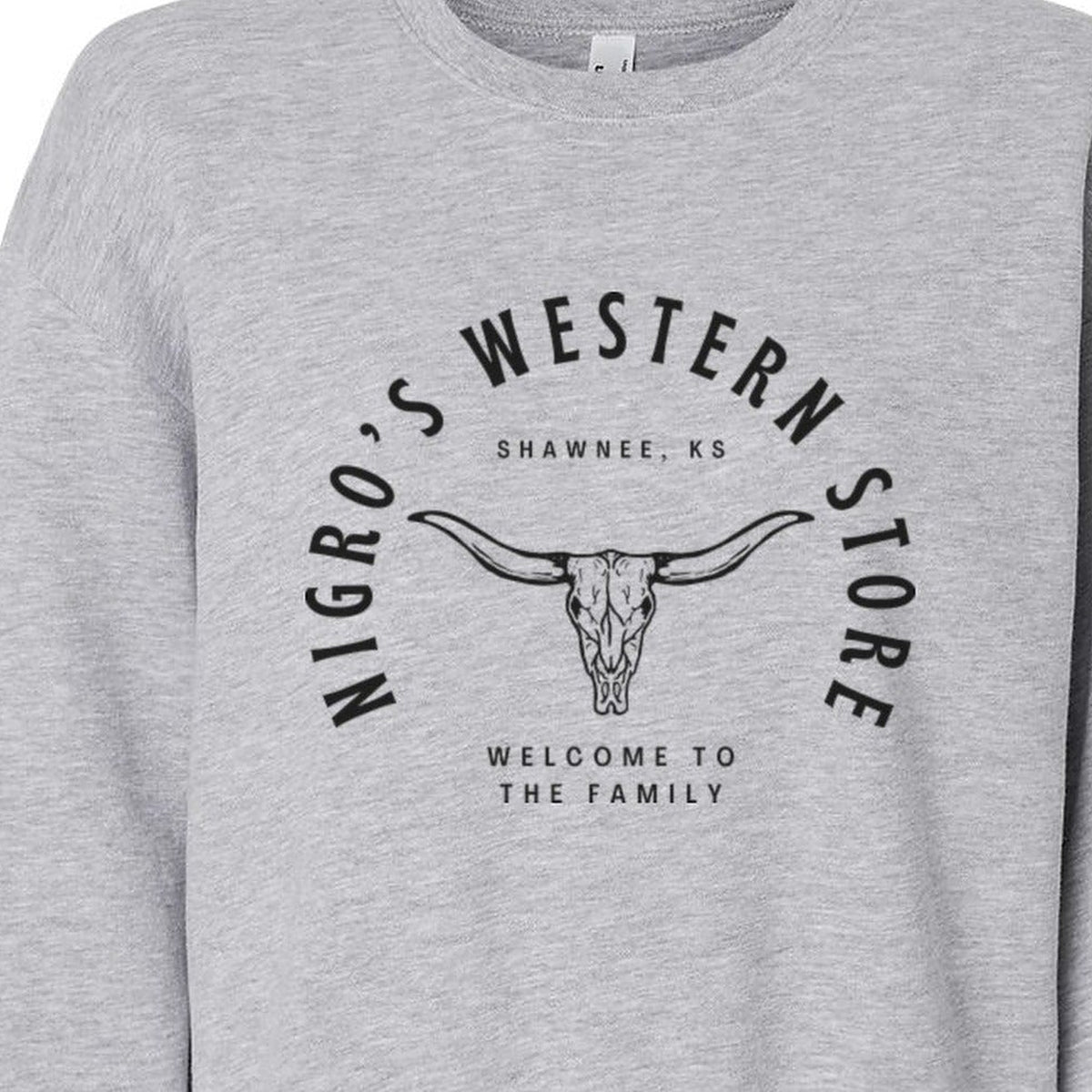 Nigro's Western Store Women's Welcome to the Family Crop Sweatshirt, Heather Grey – logo close-up