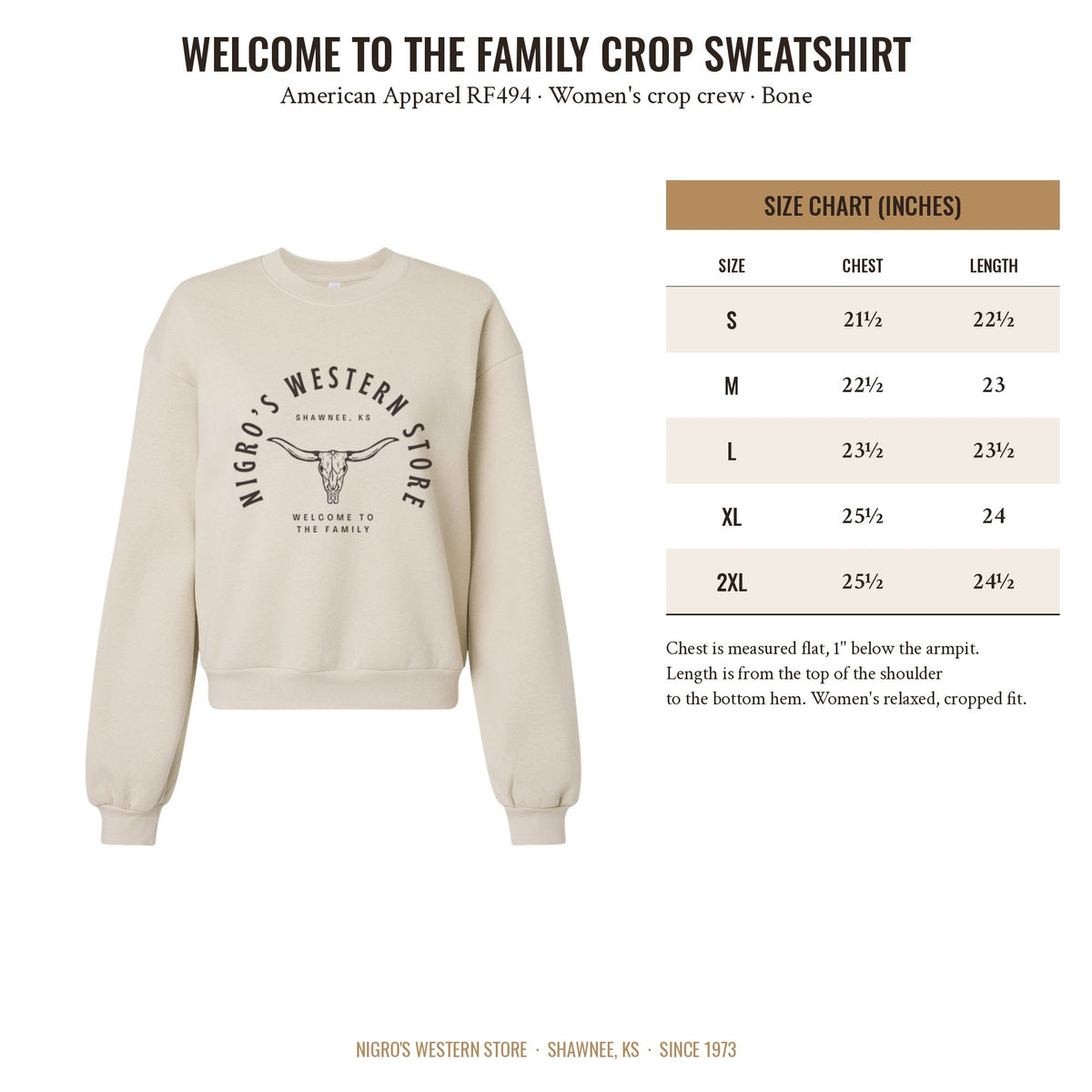 Nigro's Western Store Women's Welcome to the Family Crop Sweatshirt – size chart