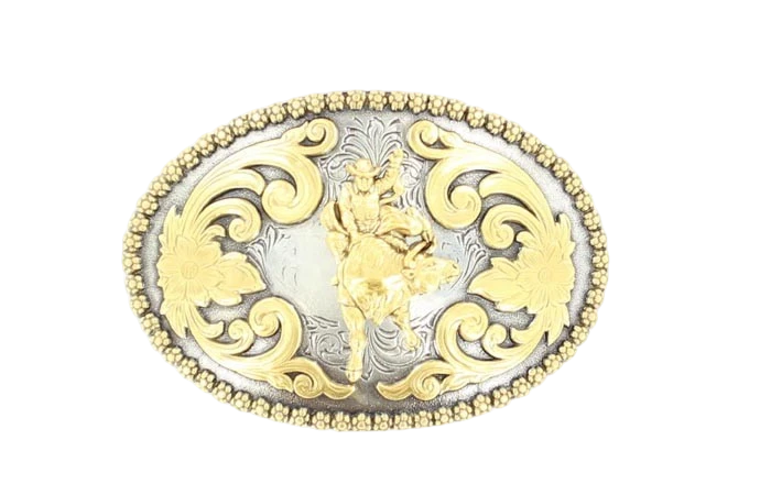 M&F Nocona Bull Riding Belt Buckle featuring detailed bull riding design on polished metal surface.