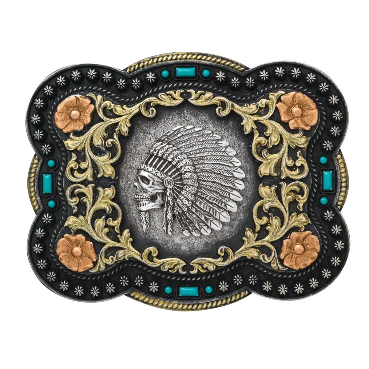 M&F Nocona Indian Chief Skull Belt Buckle featuring detailed cowboy design on metal buckle.
