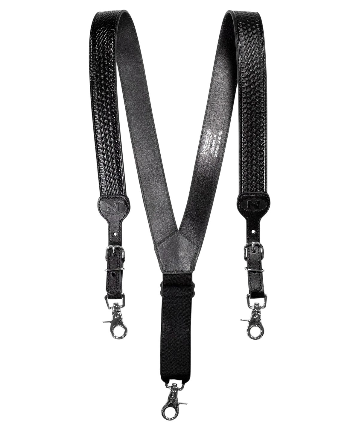 Black Nocona Leather Gallus Suspenders by M&F, featuring durable leather straps and adjustable metal clips for a classic look.