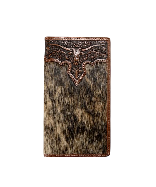 Brown Nocona Longhorn Overlay Rodeo Wallet by M&F, featuring detailed Longhorn design and classic Western style leather wallet.