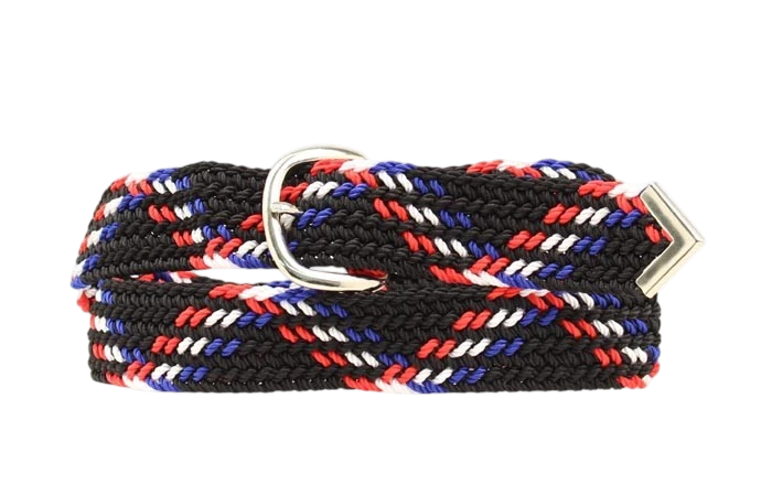 M&F Nocona woven braided belt in royal blue, red, and white featuring machine-woven design and adjustable buckle for men.